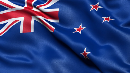3D illustration of the flag of New Zealand waving in the wind.