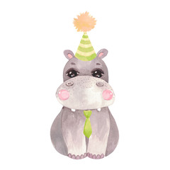 Watercolor illustration of a cute baby Hippo birthday, party, show, Carnival Safari animal clipart for invitations, baby shower, nursery wall art