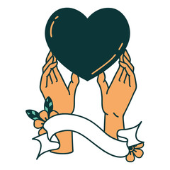 tattoo with banner of a hands reaching for a heart