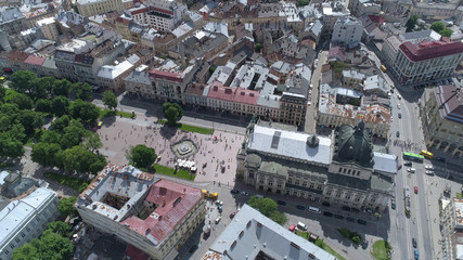 Fototapeta premium Aerial view of Lviv opera and ballet theatre. Lviv city center. Ukraine.