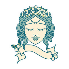 tattoo with banner of female face with third eye