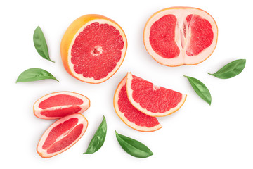 Grapefruit and slices with leaves isolated on white background. Top view. Flat lay. With clipping path and full depth of field