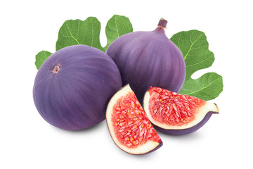 Fresh fig fruit and slice with leaves isolated on white background