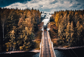 Old soviet steam locomotive passing though Karelian forrest