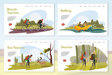 Tourist in wild nature vector webpages set