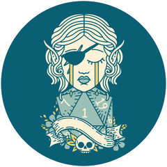 sad elf rogue character face with natural one d20 roll illustration