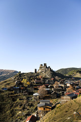 The old fort overlooks the village of of upper Omalo at sunset