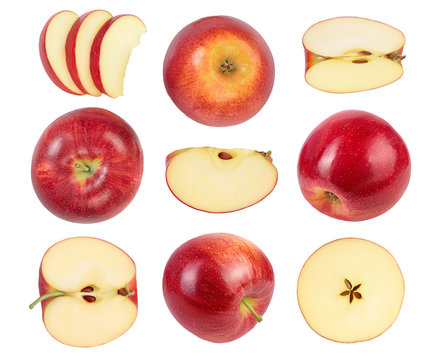 Red apple with half isolated on white background with clipping path and full depth of field. Top view. Flat lay. Set or collection