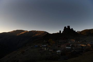 The old fort overlooks the village of of upper Omalo at sunset