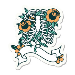 tattoo sticker with banner of a rib cage and flowers