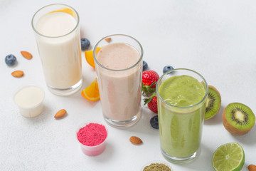 Assorted vegetarian protein cocktails with ingredients. Protein Shake. Sports nutrition and healthy lifestyle concept.  
