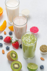 Assorted vegetarian protein cocktails with ingredients. Protein Shake. Sports nutrition and healthy lifestyle concept.  