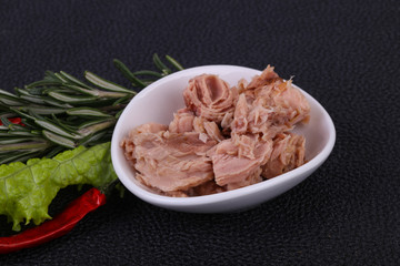 Tasty canned tuna fish in the bowl