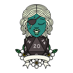 half orc rogue character with natural twenty dice roll illustration
