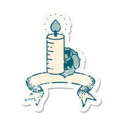 grunge sticker with banner of a candle and a rose