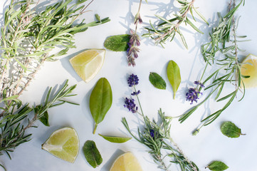 Lemon and lavender leaves background