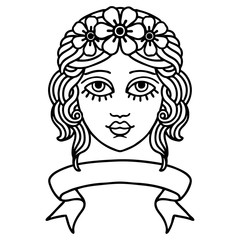 black linework tattoo with banner of female face with crown of flowers