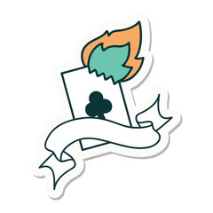 tattoo sticker with banner of a flaming card