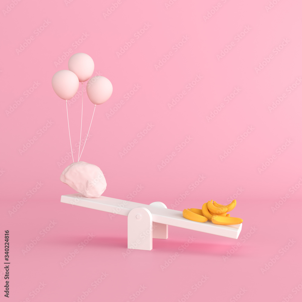 Fototapete minimal conceptual idea of floating balloons and rock opposite with yellow banana on white seesaw,we