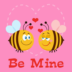 Obraz premium Cute Male Bee Love Female Bee Cartoon Character. Flat Vector Illustration With Background
