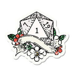 natural one d20 dice roll grunge sticker