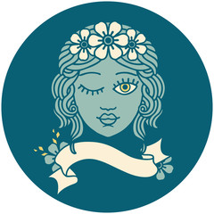 icon with banner of a maidens face winking