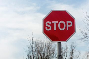 Stop sign on a background of sky and tree branches. Close-up, copy space