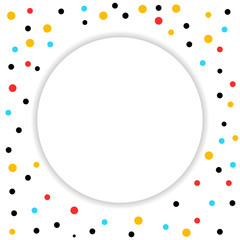 Pop art colorful confetti background. Big colored spots and circles on white background with shadow. Banner with 3d paper plate in pop art style. Cute template for flyer, sale, Vector illustration