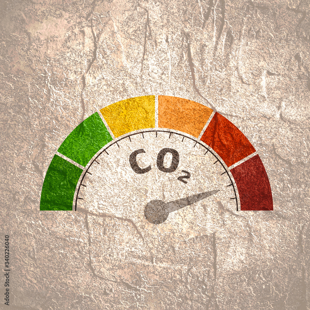 Poster gradient scale. global warming concept. carbon dioxide level measuring device icon. sign tachometer,