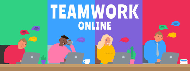 teamwork online people at home working and chatting with laptop video conference vector illustration