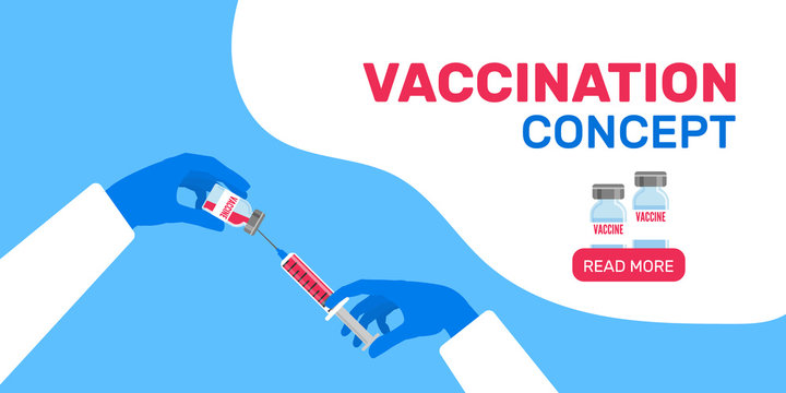 Coronavirus  Covid 19 Vaccine Bottle And Syringe   In Hand Wearing Rubber Glove Vaccination Concept Vector Illustration Web Banner Design