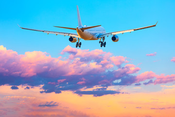 Naklejka na ściany i meble Commercial airplane flying in beautiful sky at sunset,travel concept.