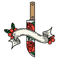 tattoo with banner of a dagger and flowers