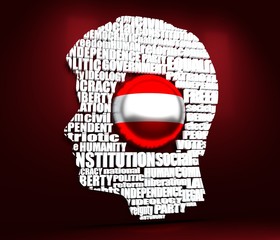 Head of man filled by word cloud. Words related to politics, government, parliamentary democracy and political life. Flag of the Austria. 3D rendering