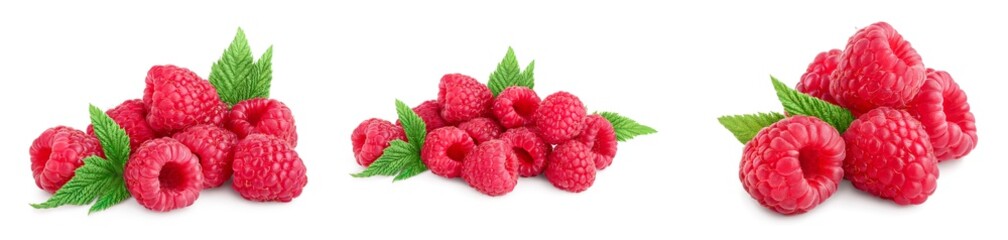 Ripe raspberries with leaf isolated on a white background, Set or collection