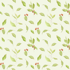 Watercolor coffee seamless pattern. Hand painted branches of coffee, red coffee beans, flowers