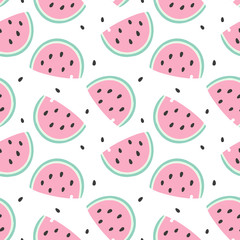 Vector illustration. Cute summer seamless pattern with colorful pieces of watermelon isolated on white background. Hand drawn simple doodle clipart. Perfect for textile, food banner, gift wrapping.