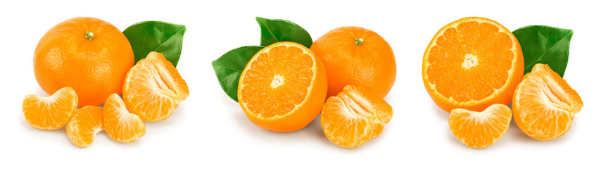 tangerine or mandarin fruit with leaves isolated on white background. Set or collection