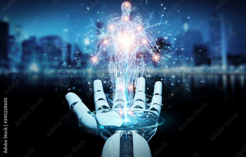 Aufkleber Robot hand using digital x-ray human body holographic scan projection 3D rendering