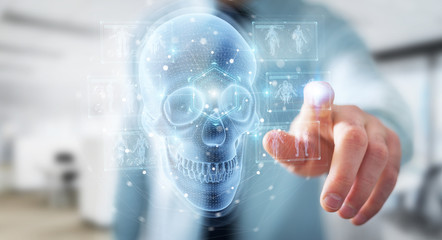 Man using digital x-ray skull holographic scan projection 3D rendering