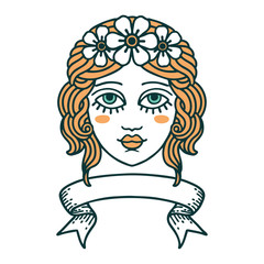 tattoo with banner of female face with crown of flowers