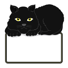Cat Illustration clipart. The big black cat was sitting on the frame. It has completely black fur. And yellow eyes. The frame has space for text. Hand draw art..