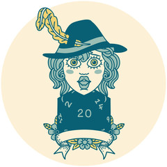 human bard character with natural 20 dice roll illustration