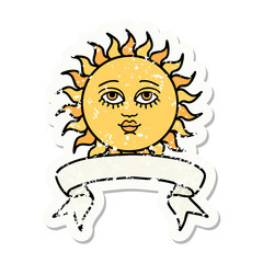 grunge sticker with banner of a sun with face
