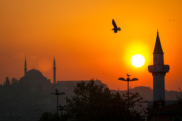 Golden sunset view of the scenic skyline with mosque domes and minarets in Istanbul, Turkey