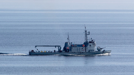 Polish warship in the Baltic sea, outside the Harbor of Gdynia, Poland.