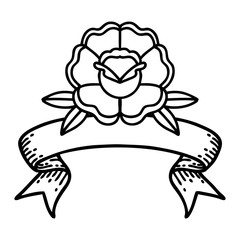 black linework tattoo with banner of a flower