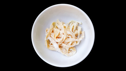 frozen pork salted intestine on white bowl isolated background