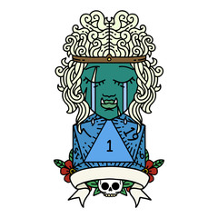 crying orc barbarian character with natural one D20 roll illustration