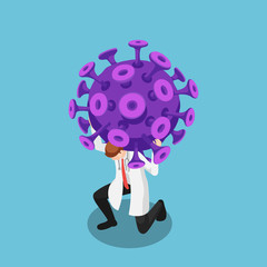 Isometric doctor carrying COVID-19 virus or Coronavirus on his shoulder